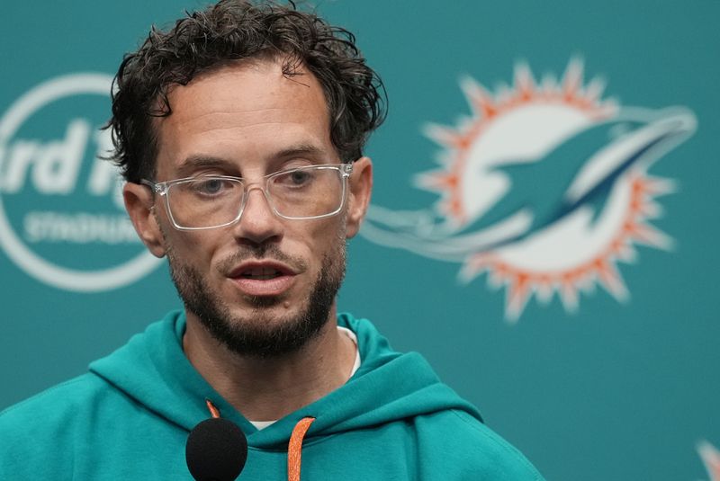 Miami Dolphins head coach Mike McDaniel talks during a news conference following an NFL football game against the Buffalo Bills, Friday, Sept. 13, 2024, in Miami Gardens, Fla. (AP Photo/Rebecca Blackwell)