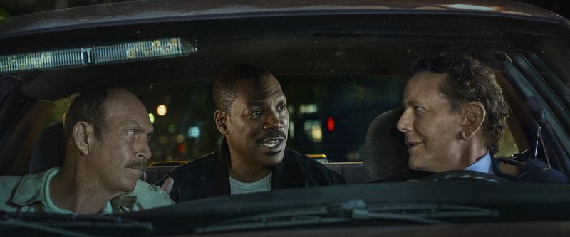 This image released by Netflix shows John Ashton, from left, Eddie Murphy and Judge Reinhold in "Beverly Hills Cop: Axel F." (Netflix via AP)