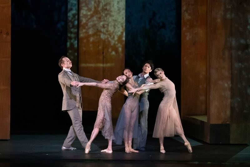 This image released by the American Ballet Theatre shows, from left, Roman Zhurbin, Alessandra Ferri, Léa Fleytoux, Herman Cornejo, and Cassandra Trenary during a rehearsal of Wayne McGregor's "Woolf Works" in New York. (Kyle Froman/ American Ballet Theatre via AP)