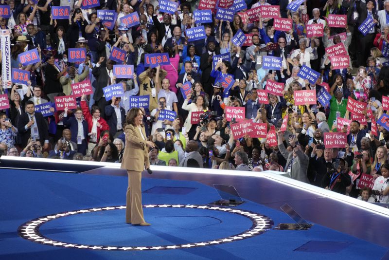 Democratic presidential nominee Vice President Kamala Harris speaks during the Democratic National Convention Monday, Aug. 19, 2024, in Chicago. (AP Photo/Morry Gash)