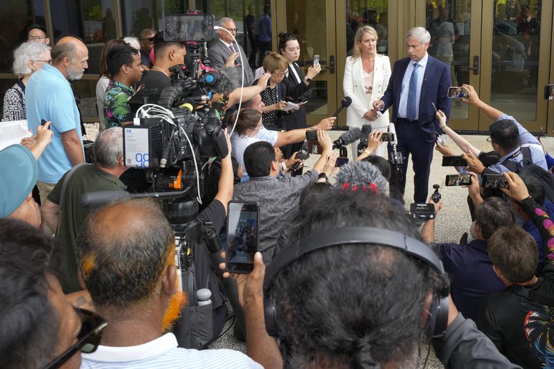 Barry Pollack, lawyer for WikiLeaks founder Julian Assange, speaks to the media outside the federal court in Saipan, Mariana Islands, Wednesday, June 26 2024. (AP Photo/Eugene Hoshiko)