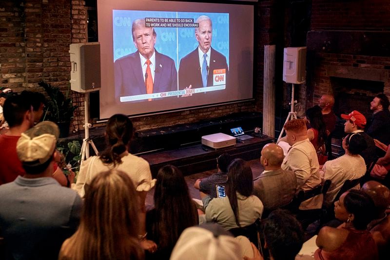 Trump supporters listen during the Young Republicans' presidential debate watch party on Thursday, June 27, 2024, in New York as President Joe Biden faces former President Donald Trump during the first presidential debate ahead of the 2024 elections. (AP Photo/Andres Kudacki)