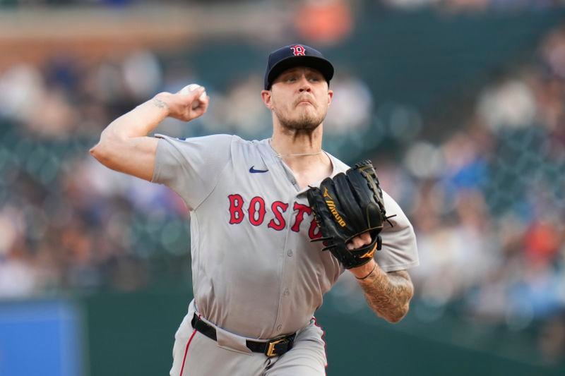 Boston Red Sox pitcher Tanner Houck throws against the Detroit Tigers in the first inning of a baseball game, Friday, Aug. 30, 2024, in Detroit. (AP Photo/Paul Sancya)