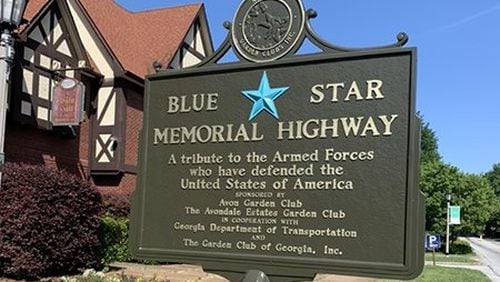 The Blue Star Memorial Highway marker is where a commemorative wreath ceremony will take place at 10 a.m. May 26 in honor of the men and women who sacrificed their lives as members of the U.S Armed Forces to defend the United States of America. (Courtesy of Avondale Estates)