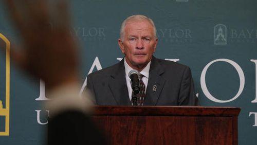Baylor interim head football coach Jim Grobe talks with reporters during a news conference, Friday, June 3, 2016, in Waco, Texas. Grobe replaces former head coach Art Briles who was fired last week. (Rod Aydelotte/Waco Tribune Herald, via AP)