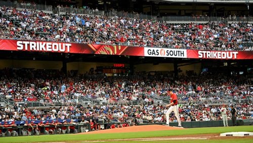 Atlanta Braves pitcher Max Fried (54) reacts after striking out Philadelphia Phillies shortstop Trea Turner (7) during the first inning at Truist Park on Friday, July 5, 2024 in Atlanta. (Hyosub Shin / AJC)