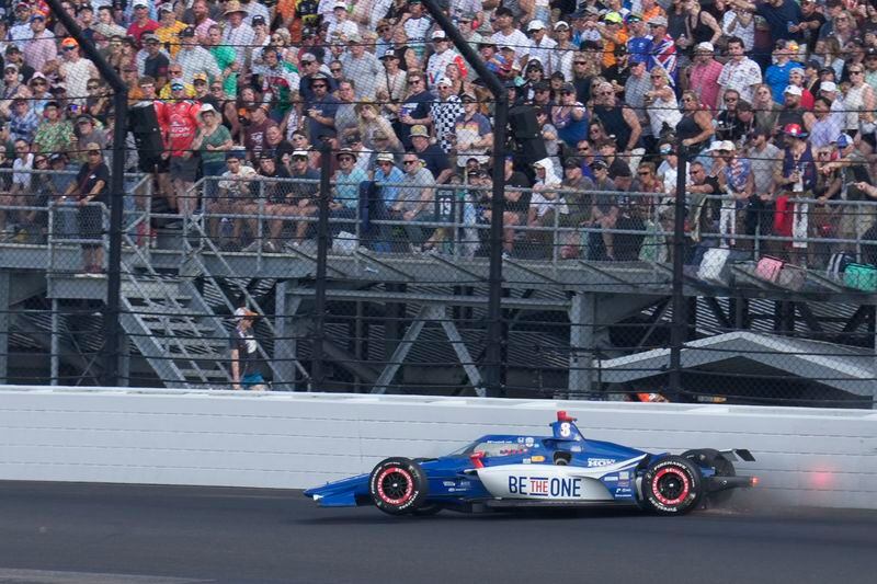 Linus Lundqvist, of Sweden, wrecks during the Indianapolis 500 auto race at Indianapolis Motor Speedway, Sunday, May 26, 2024, in Indianapolis. (AP Photo/Darron Cummings)