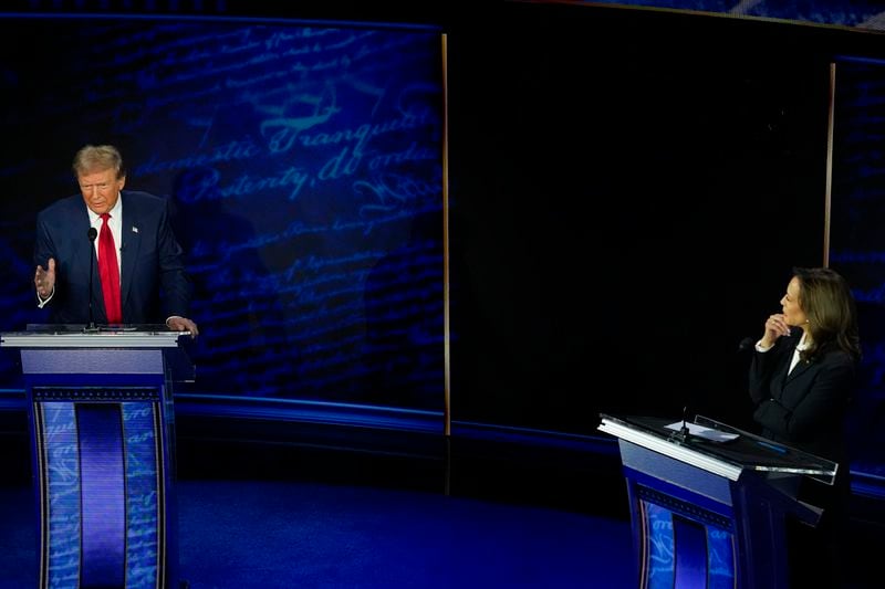 Republican presidential nominee former President Donald Trump and Democratic presidential nominee Vice President Kamala Harris participate during an ABC News presidential debate at the National Constitution Center, Tuesday, Sept. 10, 2024, in Philadelphia. (AP Photo/Alex Brandon)