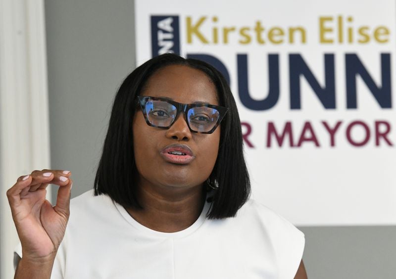 August 25, 2021 Atlanta - Local businesswoman Kirsten Dunn officially announces her candidacy to become Atlanta's 61st mayor at The Gathering Spot in Atlanta on Wednesday, August 25, 2021. (Hyosub Shin / Hyosub.Shin@ajc.com)