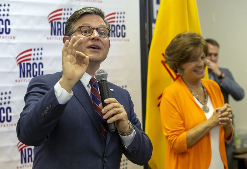 House Speaker Mike Johnson, left, and Republican U.S. House candidate Yvette Herrell of New Mexico answer questions from attendees of a campaign event in Las Cruces, N.M., Wednesday, Aug. 21, 2024. (AP Photo/Andres Leighton)