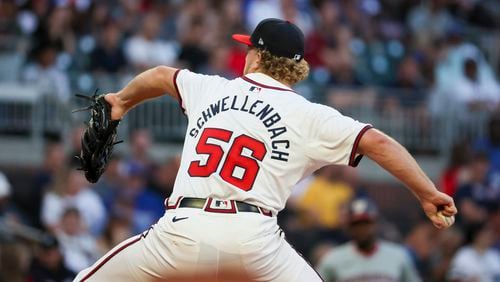 Atlanta Braves starting pitcher Spencer Schwellenbach (56) delivers to a Washington Nationals batter during the fourth inning at Truist Park, Wednesday, May 29, 2024, in Atlanta. Atlanta right-hander Spencer Schwellenbach makes his major league debut Wednesday night. (Jason Getz / AJC)
