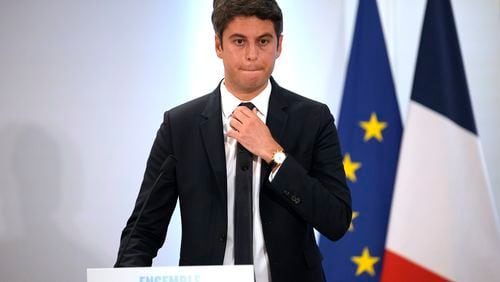 French Prime Minister Gabriel Attal speaks during a campaign press conference, Thursday, June 20, 2024 in Paris. Earlier this month, French President Emmanuel Macron dissolved the lower house of France's parliament in a surprise announcement, sending voters back to the polls, after his party was handed a humbling defeat by the far right in the European Parliament election. (AP Photo/Christophe Ena)