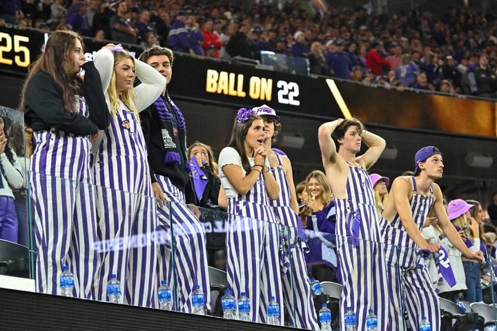 TCU Horned Frogs fans react as the Georgia Bulldogs build a lead during the first half of the College Football Playoff National Championship at SoFi Stadium in Los Angeles on Monday, January 9, 2023. (Hyosub Shin / Hyosub.Shin@ajc.com)