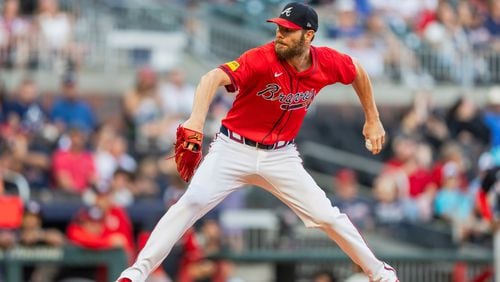 Atlanta Braves pitcher Chris Sale throws in the first inning of a baseball game against the Washington Nationals, Friday, Aug. 23, 2024, in Atlanta. (AP Photo/Jason Allen)