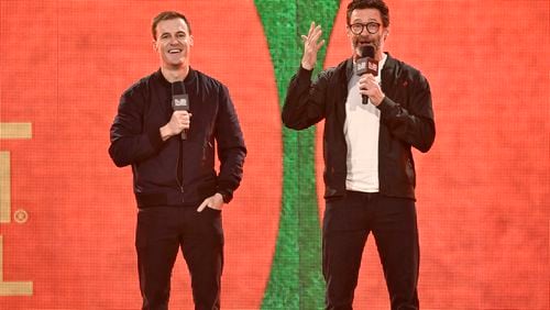 Global Citizen co-founder Hugh Evans, left, and Hugh Jackman speak during the Global Citizen Festival on Saturday, Sept. 28, 2024, at Central Park in New York. (Photo by Evan Agostini/Invision/AP)