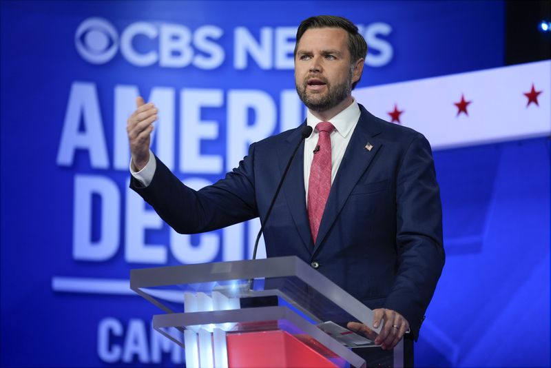 Republican vice presidential nominee Sen. JD Vance, R-Ohio, speaks during a vice presidential debate hosted by CBS News, with Democratic vice presidential candidate Minnesota Gov. Tim Walz, Tuesday, Oct. 1, 2024, in New York. (AP Photo/Matt Rourke)