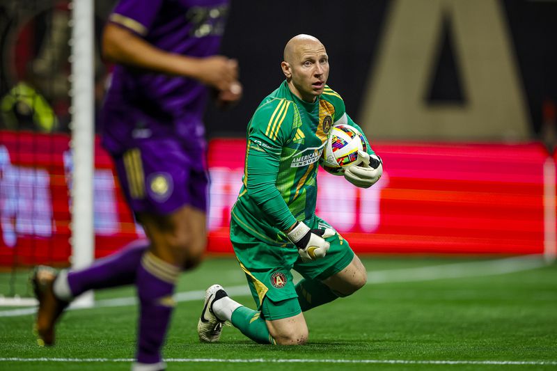 Atlanta United goalkeeper Brad Guzan #1 during the first half of the match against Orlando City at Mercedes-Benz Stadium in Atlanta, GA on Sunday March 17, 2024. (Photo by Alex Slitz/Atlanta United)