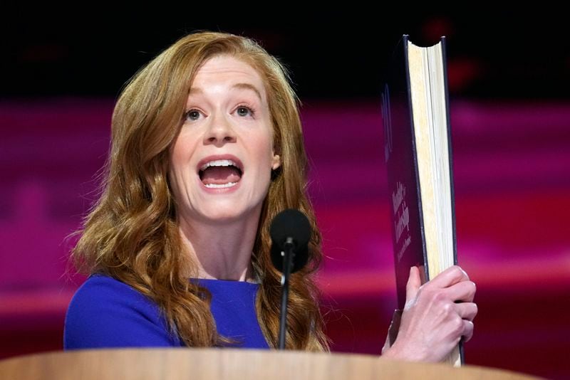 Michigan State Senator Mallory McMorrow speaks during the first day of Democratic National Convention, Monday, Aug. 19, 2024, in Chicago. (AP Photo/Jacquelyn Martin)