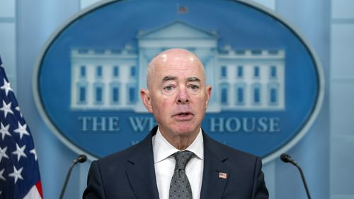 Homeland Security Secretary Alejandro Mayorkas speaks Tuesday, Oct. 1, 2024, during a briefing at the White House in Washington. (AP Photo/Mark Schiefelbein)