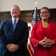 Los Angeles Mayor Karen Bass, right, and newly appointed police chief Jim McDonnell share a light moment during a news conference in Los Angeles, Friday, Oct. 4, 2024. (AP Photo/Jae C. Hong)