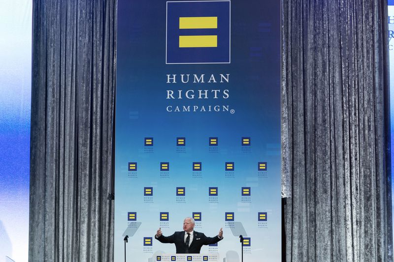 Democratic vice presidential candidate Minnesota Gov. Tim Walz speaks during the Human Rights Campaign (HRC) National Dinner at Walter E. Washington Convention Center in Washington, Saturday, Sept. 7, 2024. (AP Photo/Jose Luis Magana)