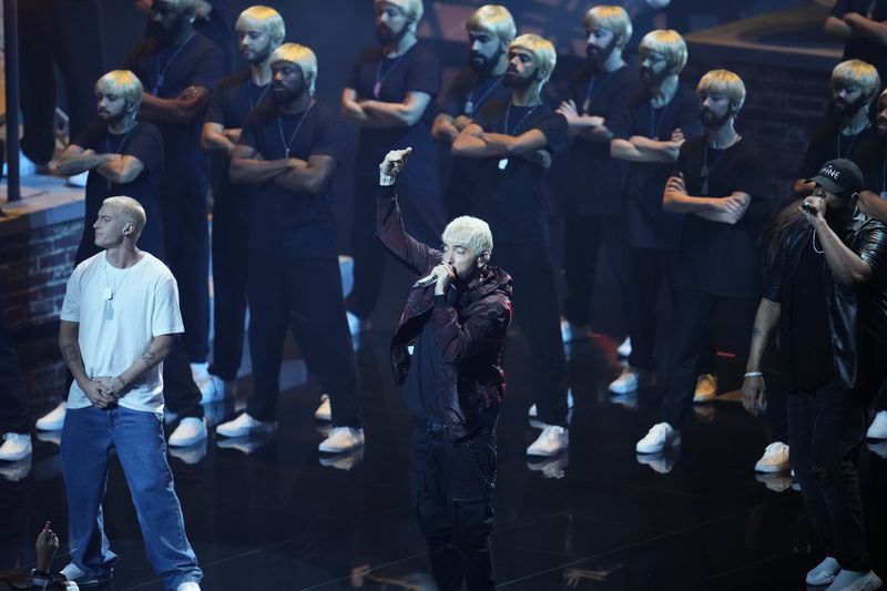 Eminem performs "Houdini" during the MTV Video Music Awards on Wednesday, Sept. 11, 2024, at UBS Arena in Elmont, N.Y. (Photo by Charles Sykes/Invision/AP)