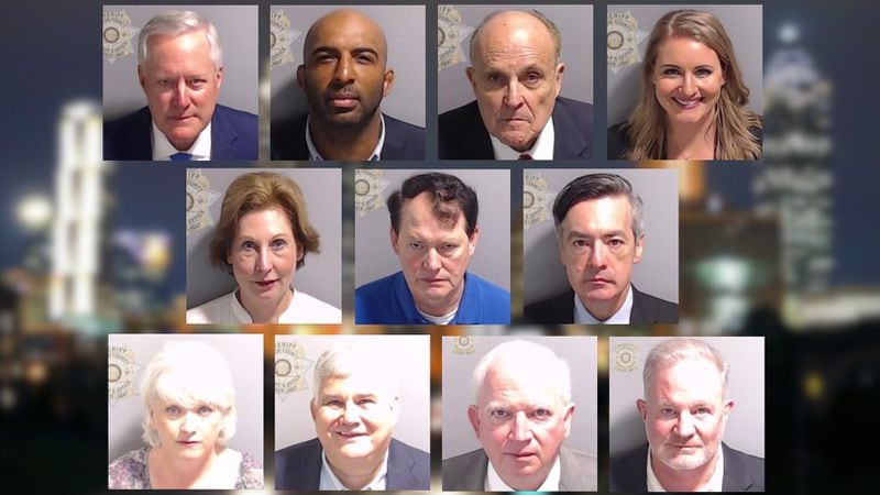 Mug shots of Trump Georgia defendants as of Thursday afternoon. From top left: Mark Meadows, Harrison Floyd, Rudy Guiliani, Jenna Ellis, Sidney Powell, Ray Smith,Kenneth Chesebro, Cathleen Latham, David Shafer, John Eastman, Scott Hall (AJC collage from Fulton County Sheriff photos)