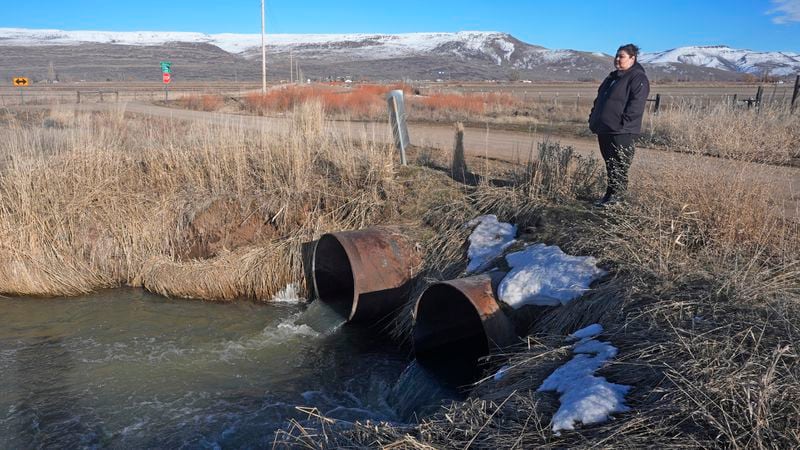 Shoshone-Paiute tribal member Tanya Smith Beaudoin stands along an irrigation canal that she grew up swimming in, on March 14, 2024, in Owyhee, Nev., the only town on the Duck Valley Indian Reservation that straddles the Nevada-Idaho border. (AP Photo/Rick Bowmer)