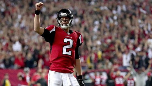 Matt Ryan #2 of the Atlanta Falcons reacts after a touchdown in the fourth quarter against the Green Bay Packers in the NFC Championship Game at the Georgia Dome on January 22, 2017 in Atlanta, Georgia. (Photo by Tom Pennington/Getty Images)