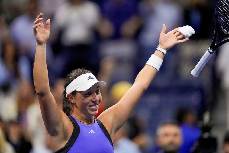 Jessica Pegula, of the United States, reacts after defeating Karolina Muchova, of the Czech Republic, during the women's singles semifinals of the U.S. Open tennis championships, Thursday, Sept. 5, 2024, in New York. (AP Photo/Julia Nikhinson)