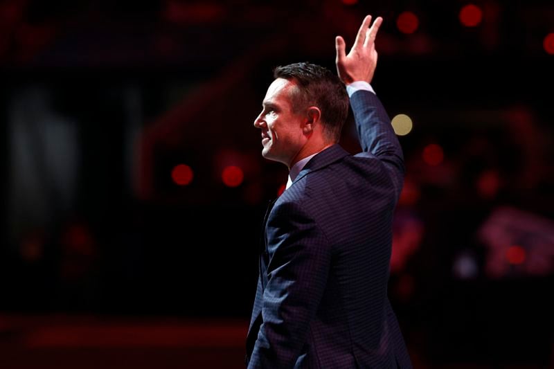 Former Atlanta Falcons quarterback Matt Ryan reacts as he is inducted in the Falcons' Ring of Honor during the first half of an NFL football game against the Tampa Bay Buccaneers Thursday, Oct. 3, 2024, in Atlanta. (AP Photo/Butch Dill)