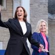 Democratic presidential nominee Vice President Kamala Harris, left, arrives to speak at a campaign event with former Congresswoman Liz Cheney, R-Wyo., right, at Ripon College in Ripon, Wis., Thursday, Oct. 3, 2024. (AP Photo/Mark Schiefelbein)