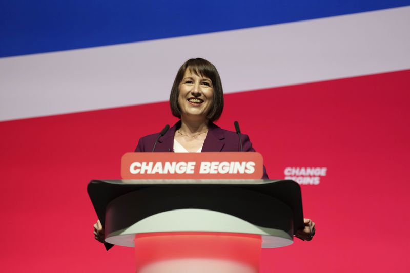 Britain's Chancellor of the Exchequer Rachel Reeves speaks during the Labour Party Conference in Liverpool, England, Monday, Sept. 23, 2024.(AP Photo/Jon Super)