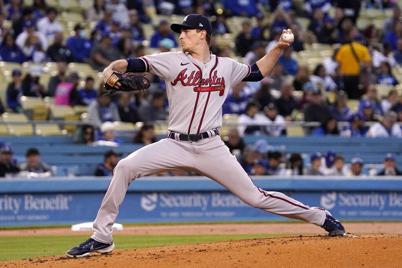 Atlanta Braves starting pitcher Max Fried throws to the plate during the first inning of a baseball game against the Los Angeles Dodgers Tuesday, April 19, 2022, in Los Angeles. (AP Photo/Mark J. Terrill)