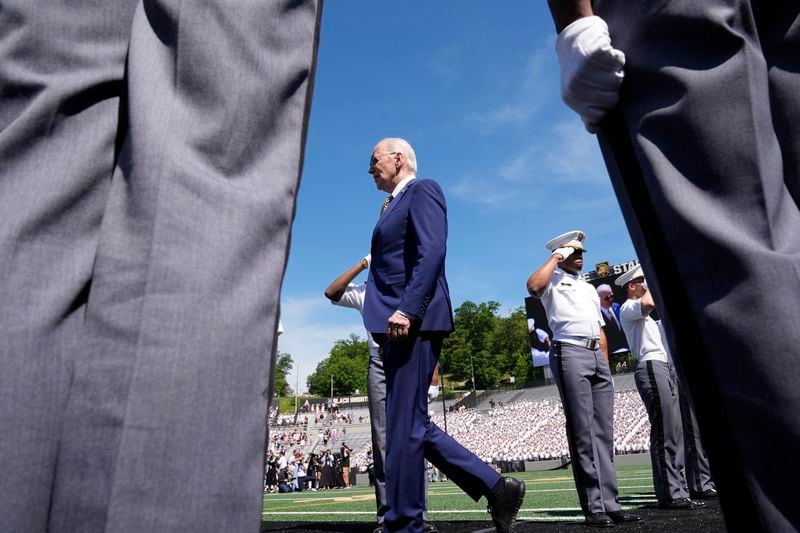 President Joe Biden walks to speak to graduating cadets at the U.S. Military Academy commencement ceremony, Saturday, May 25, 2024, in West Point, N.Y. (AP Photo/Alex Brandon)