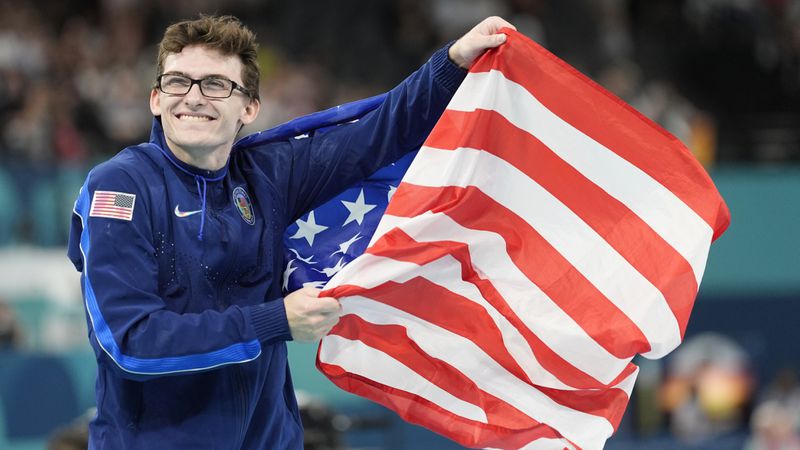 FILE - Stephen Nedoroscik, of the United States, celebrates after winning the bronze medal during the men's artistic gymnastics individual pommel finals at the 2024 Summer Olympics, Aug. 3, 2024, in Paris, France. (AP Photo/Abbie Parr, File)