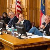 Board members Sara Tindall Ghazal (from left), Janelle King, Executive Director Mike Coan, Chairman John Fervier, Rick Jeffares and Janice Johnston listen during the Georgia Election Board meeting Monday in Atlanta. (Arvin Temkar/AJC)