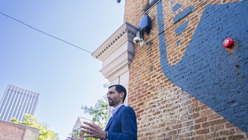 Bailey Quintrell, chief strategy officer for Flock Safety, speaks after a news event in South Downtown on Friday, Sept. 20, 2024. Quintrell outlined the strategic vision behind the deployment of AI-powered security cameras in the area. (Olivia Bowdoin for the AJC).