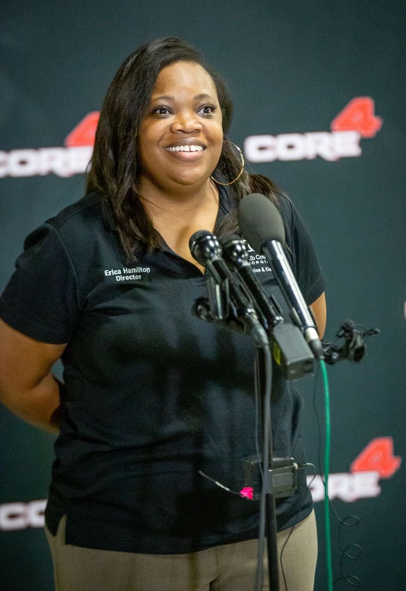 Director of Voter Registration and Elections for DeKalb County Erica Hamilton talks at a press conference at Atlanta Hawks former player Paul Milsap's Chambless training Facility on October 9, 2020.   STEVE SCHAEFER / SPECIAL TO THE AJC 