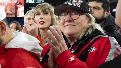 FILE - Taylor Swift stands with Donna Kelce after an AFC Championship NFL football game between the Kansas City Chiefs and the Baltimore Ravens, Sunday, Jan. 28, 2024, in Baltimore. (AP Photo/Julio Cortez)