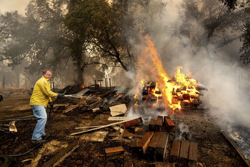 Shane Lawson, an off-duty firefighter, works to extinguish flames from the Grubbs Fire in the Palermo community of Butte County, Calif., on Wednesday, July 3, 2024. (AP Photo/Noah Berger)