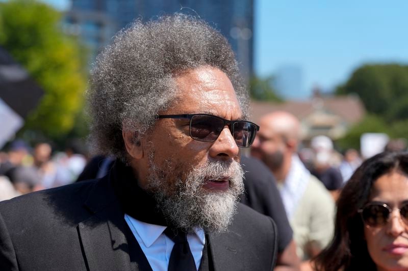 Progressive activist Cornel West watches a demonstration prior to a march to the Democratic National Convention Monday, Aug. 19, 2024, in Chicago. (AP Photo/Alex Brandon)