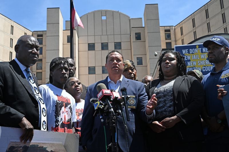 Fulton County Sheriff Patrick "Pat" Labat speaks during a press conference outside the Fulton County Jail, Thursday, April 20, 2023, in Atlanta. Lashawn Thompson, 35, was discovered unresponsive in the jail’s psychiatric wing covered in bed bugs in September, according to a Fulton County Medical Examiner report. His body showed no obvious signs of trauma and the cause of death was undetermined, the report said, noting a “severe bed bug infestation” in the jail. (Hyosub Shin / Hyosub.Shin@ajc.com)