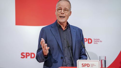 Matthias Miersch speaks as he is introduced as the new SPD General Secretary during a press conference at the party's headquarters in Berlin, Germany, Tuesday Oct. 8, 2024. (Kay Nietfeld/dpa via AP)