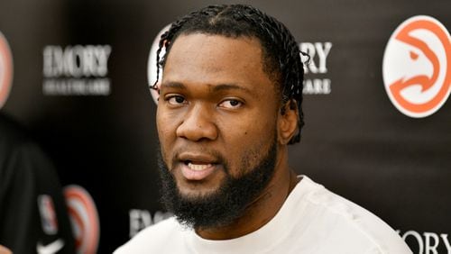 Atlanta Hawks forward Bruno Fernando takes questions during team exit interviews as the season comes to an end at the Atlanta Hawks practice facility, Friday, April 19, 2024, in Brookhaven. (Hyosub Shin / Hyosub.Shin@ajc.com)