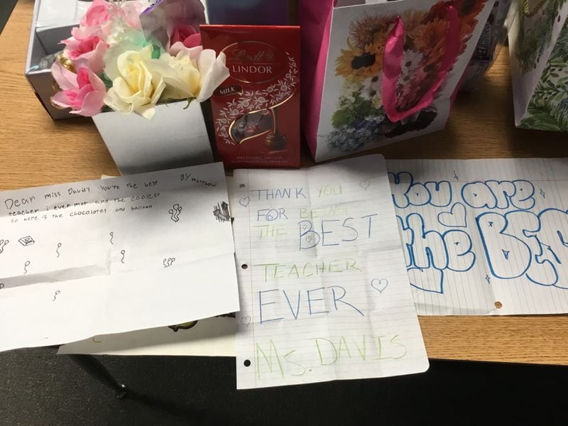 A Ferguson Elementary School teacher received handwritten notes, flowers and treats from students as part of Teacher Appreciation Week. Photo credit: Ferguson Elementary School.