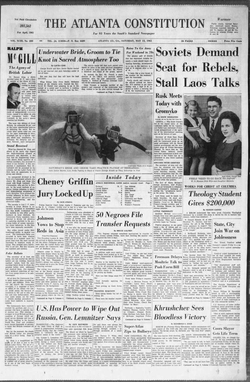 The Atlanta Constitution front page on May 13, 1961.
