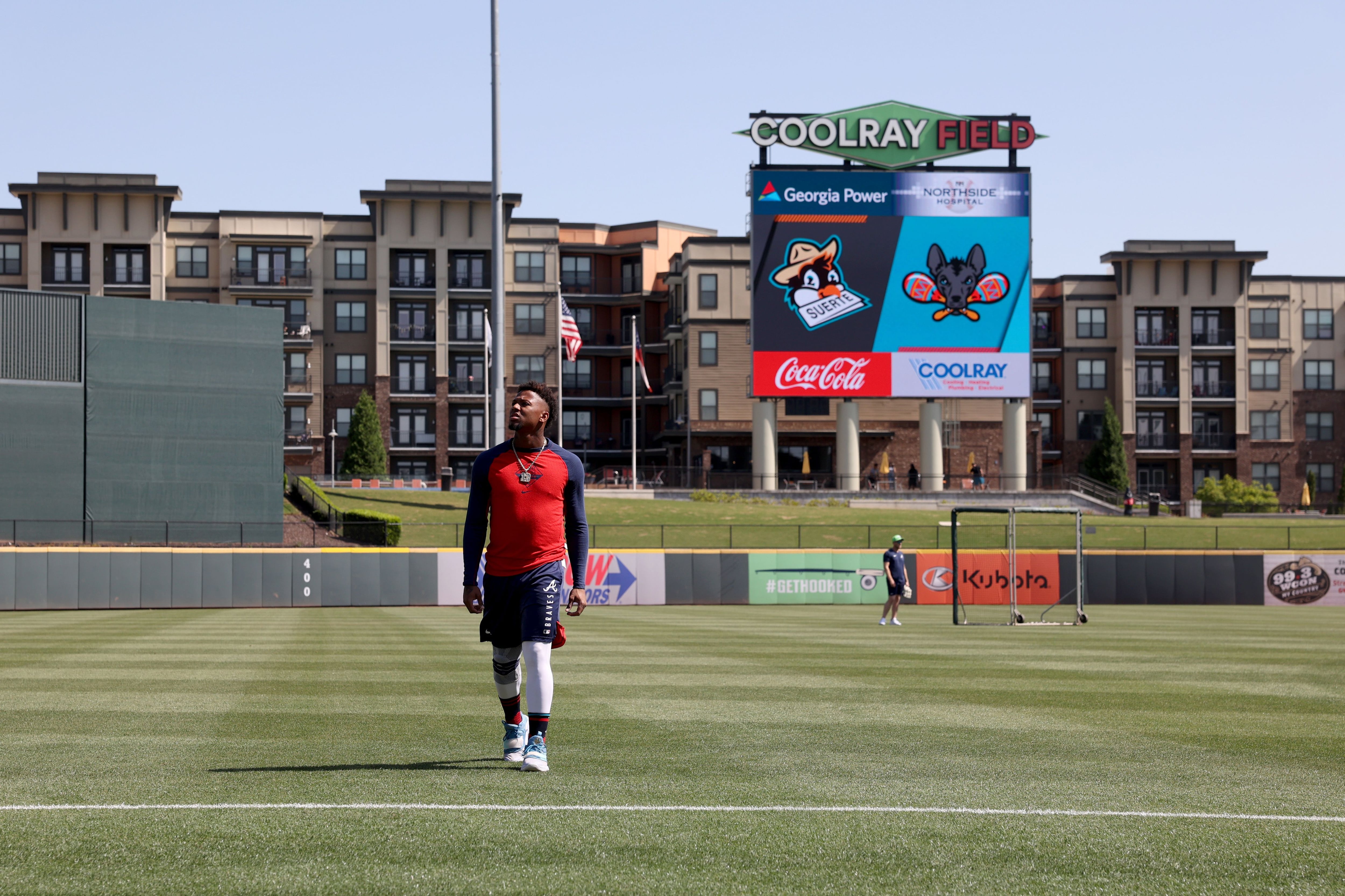 LAWRENCEVILLE, GA - APRIL 27: Atlanta Braves right fielder Ronald Acuna,  Jr. makes a rehab start for the Gwinnett Stripers as they play the Norfolk  Tides on April 27, 2022 at Coolray