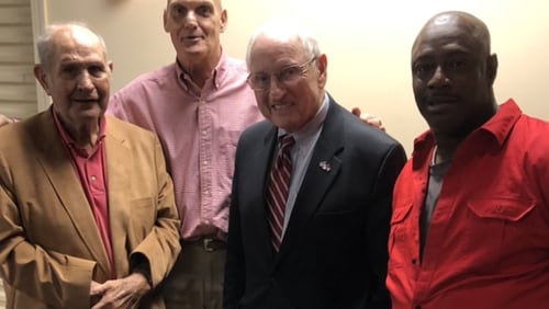 Retired Coffee football coach Bonwell Royal (left), who died May 29, is seen here  with two of his best players, Joel "Cowboy" Parrish (second from left) and Andre "Pulpwood" Smith (right) along with their college coach, Georgia's Vince Dooley.