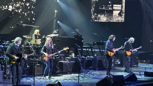 The Eagles performing at State Farm Arena on Nov. 4, 2023. Vince Gill, Timothy B. Schmidt, Don Henley, Deacon Frey and Joe Walsh preside. RODNEY HO/rho@ajc.com